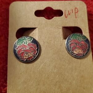 Floral Silver and Red Clip On Earrings